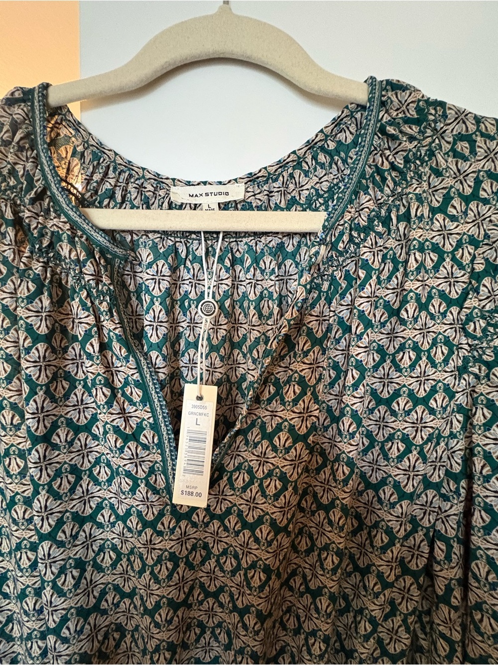 β¨ NWT Max Studio Boho Pleated Midi Dress | Tie Waist | Puff Sleeves | Size L β¨ - Picture 4 of 9